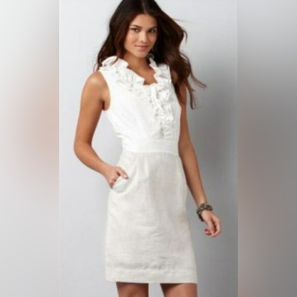 Ann Taylor Loft White and Gold Knee Length Dress w/ Ruffled Neckline & Pockets